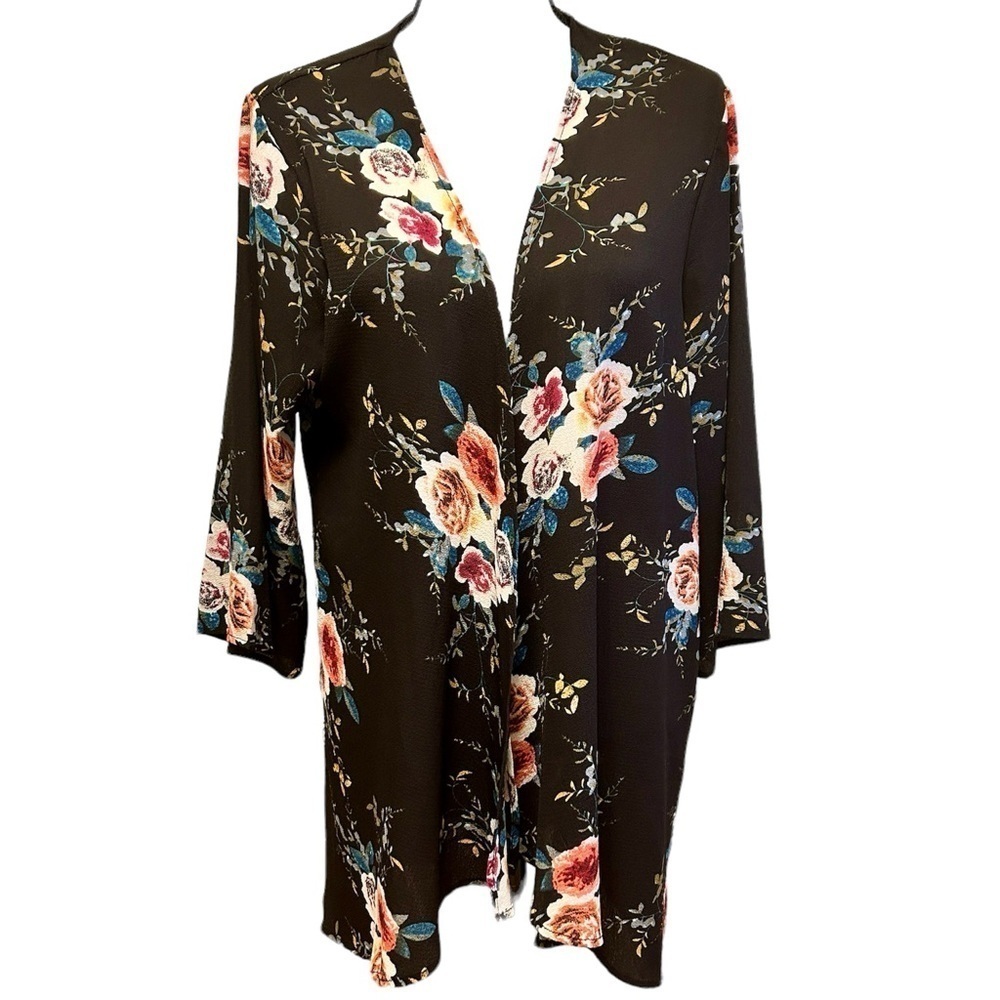 Abollria Kimono Floral Dark Blue and Pink Open Front Blouse size Large